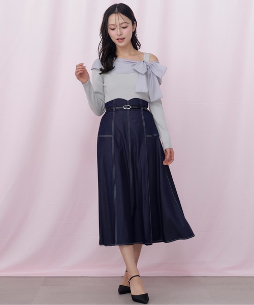 JILL by JILL STUART(ジルバイジルスチュアート)の「ベルト付き配色ステッチフレアスカート(スカート・レディース・グレー/ネイビー/ブラウン系その他・MEDIUM/SMALL)」の5枚目の写真