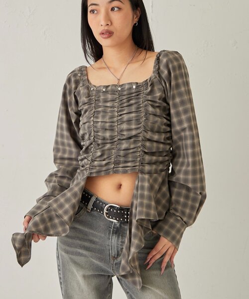 WHO'S WHO gallery（フーズフーギャラリー）の「イレヘムギャザーオフショルブラウス（シャツ/ブラウス・レディース・ブラウン/ブラック・FREE）」の14枚目の写真