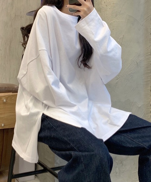 mielu(ミエル)の「ルーズスリットロンT(Tシャツ/カットソー・レディース・ホワイト/ブラック/ピンク・MEDIUM/LARGE)」の2枚目の写真