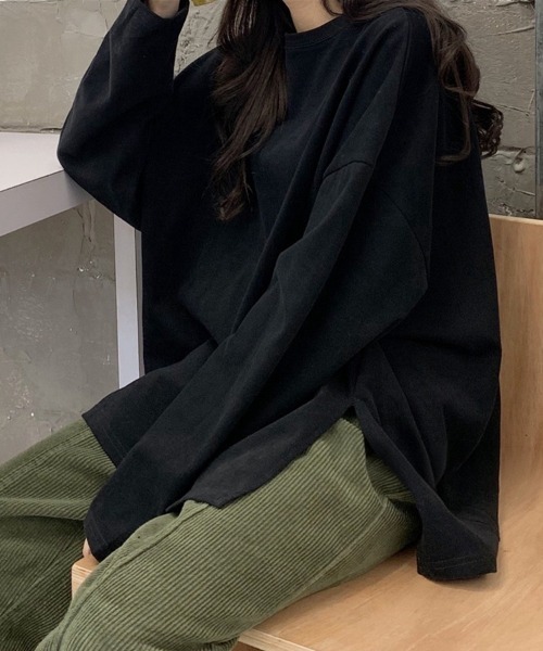 mielu(ミエル)の「ルーズスリットロンT(Tシャツ/カットソー・レディース・ホワイト/ブラック/ピンク・MEDIUM/LARGE)」の1枚目の写真