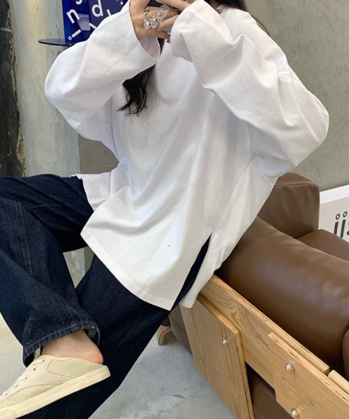 mielu(ミエル)の「ルーズスリットロンT(Tシャツ/カットソー・レディース・ホワイト/ブラック/ピンク・MEDIUM/LARGE)」の8枚目の写真
