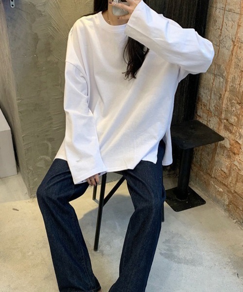 mielu(ミエル)の「ルーズスリットロンT(Tシャツ/カットソー・レディース・ホワイト/ブラック/ピンク・MEDIUM/LARGE)」の9枚目の写真