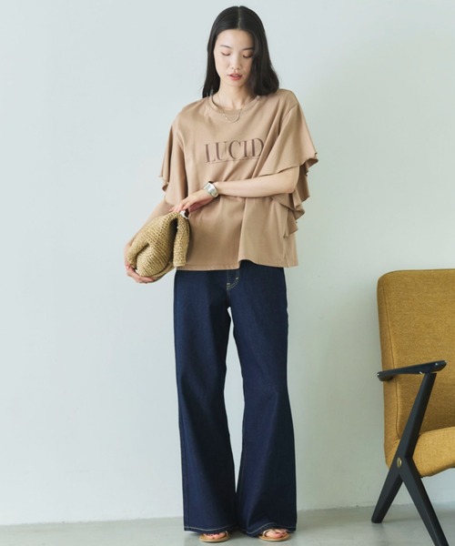 Doux archives(ドゥアルシーヴ)の「袖フリルプリントTシャツ(Tシャツ/カットソー・レディース・チャコールグレー/キャメル/オフホワイト・FREE)」の6枚目の写真