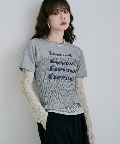etoll.（エトル）の「シャーリングコンパクトロゴTシャツ（Tシャツ/カットソー・レディース・杢グレー/オフホワイト/ブラック/ネイビー・FREE）」の2枚目の写真