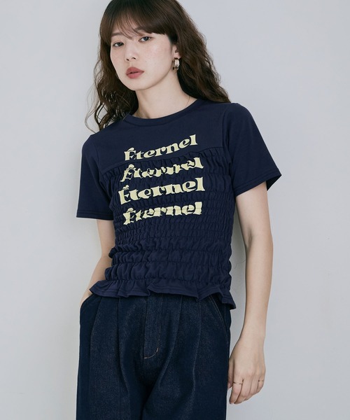 etoll.（エトル）の「シャーリングコンパクトロゴTシャツ（Tシャツ/カットソー・レディース・杢グレー/オフホワイト/ブラック/ネイビー・FREE）」の4枚目の写真