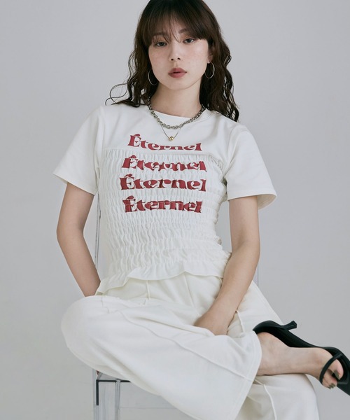 etoll.（エトル）の「シャーリングコンパクトロゴTシャツ（Tシャツ/カットソー・レディース・杢グレー/オフホワイト/ブラック/ネイビー・FREE）」の3枚目の写真