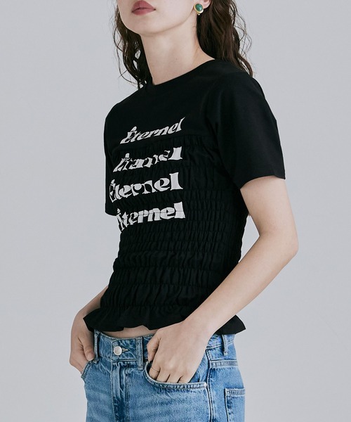 etoll.（エトル）の「シャーリングコンパクトロゴTシャツ（Tシャツ/カットソー・レディース・杢グレー/オフホワイト/ブラック/ネイビー・FREE）」の5枚目の写真