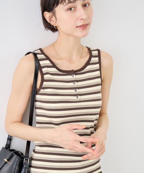 ROPE' PICNIC（ロペピクニック）の「マルチボーダーヘンリーネックタンクトップ（タンクトップ・レディース・サックスブルー/ホワイト系その他5/ブラウン・FREE）」の18枚目の写真