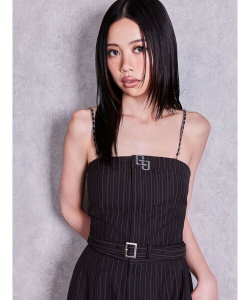 GYDA(ジェイダ)の「GGプレートベアラメストライプロンパース(つなぎ/オールインワン・レディース・グレー/オフホワイト/ブラック・X-SMALL/FREE)」の6枚目の写真