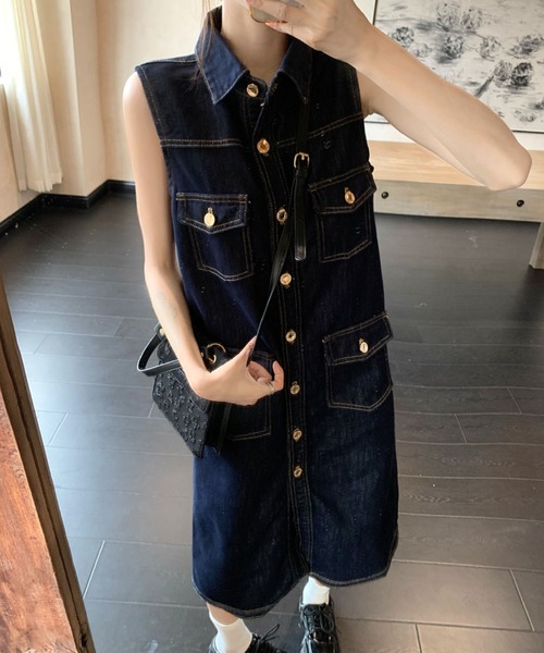 セール】ステッチデザイン デニム風ノースリーブシャツワンピース