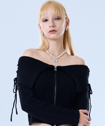 FS RIBBON OFF-SHOULDER KNIT ZIP UP(BLACK)
