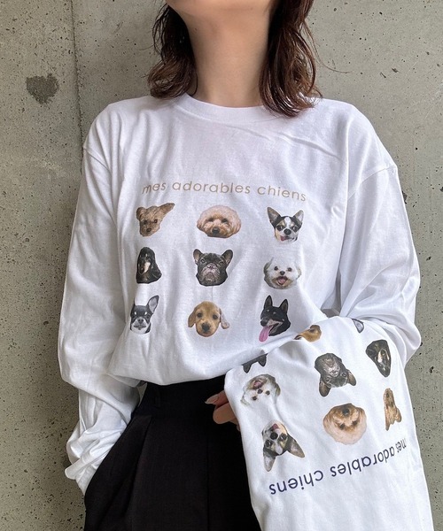 tunee（チュニー）の「ワンちゃんいっぱいロンT／長袖Tシャツ(hsyd)（Tシャツ/カットソー・レディース・ネイビー/ベージュ・LARGE/X-LARGE/MEDIUM/X-SMALL）」の3枚目の写真
