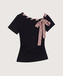 Gingham Bow Asymmetric Neck T