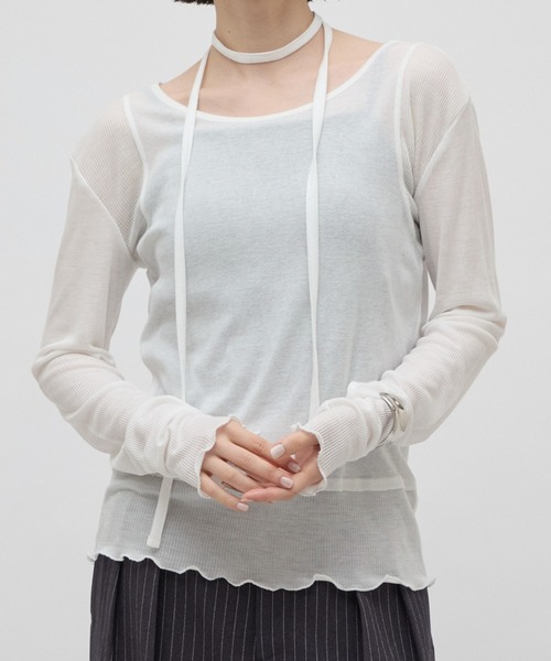 Lui's(ルイス)の「リボン紐付きレイヤード風ロンT(Tシャツ/カットソー・レディース・ブラック/サックスブルー/オフホワイト・FREE)」の2枚目の写真