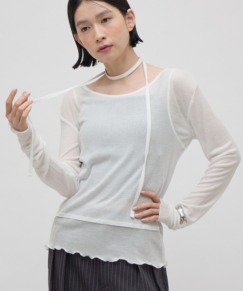 Lui's(ルイス)の「リボン紐付きレイヤード風ロンT(Tシャツ/カットソー・レディース・ブラック/サックスブルー/オフホワイト・FREE)」の5枚目の写真