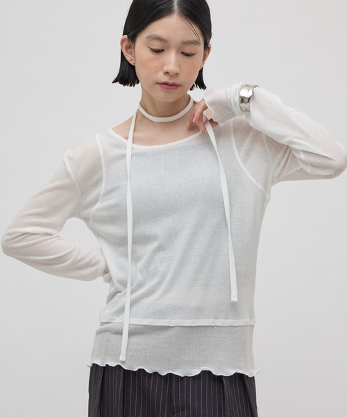 Lui's(ルイス)の「リボン紐付きレイヤード風ロンT(Tシャツ/カットソー・レディース・ブラック/サックスブルー/オフホワイト・FREE)」の4枚目の写真