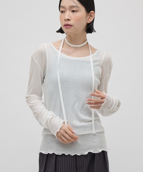 Lui's(ルイス)の「リボン紐付きレイヤード風ロンT(Tシャツ/カットソー・レディース・ブラック/サックスブルー/オフホワイト・FREE)」の6枚目の写真