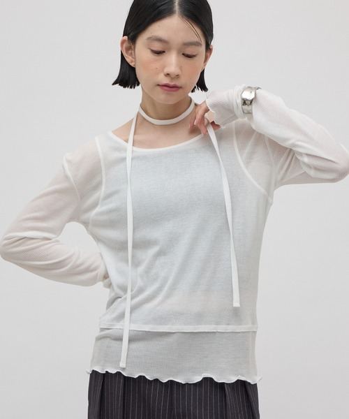 Lui's(ルイス)の「リボン紐付きレイヤード風ロンT(Tシャツ/カットソー・レディース・ブラック/サックスブルー/オフホワイト・FREE)」の7枚目の写真