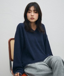 【ユニセックス】配色Vネックステッチニット