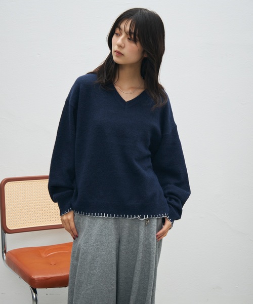 UNDERSTATEMENTs(アンダーステイトメント)の「【ユニセックス】配色Vネックステッチニット(ニット/セーター・メンズ・チャコールグレー/グリーン/ネイビー・MEDIUM/LARGE)」の5枚目の写真