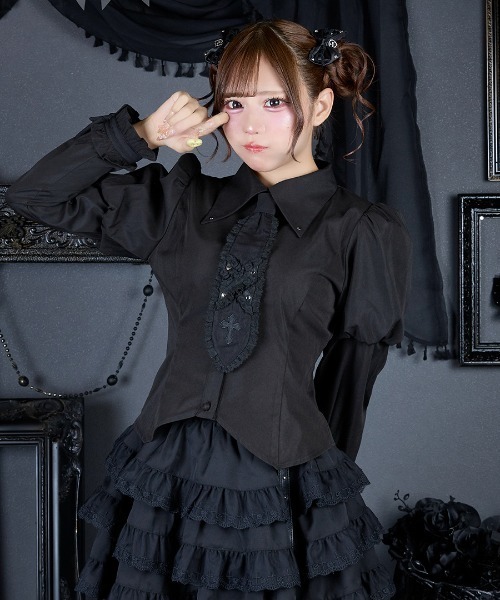 mine by LAFARY(マインバイラファリー)の「クロス刺繍ネクタイブラウス(シャツ/ブラウス・レディース・ブラック・FREE)」の1枚目の写真