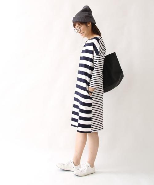 coen（コーエン）の「コンビボーダーコクーンワンピース（ワンピース・レディース・ホワイト/グレー・MEDIUM/LARGE）」の2枚目の写真