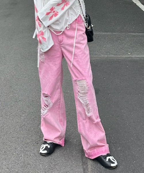 Alley Tokyo(アリートーキョー)の「【セットで着られる】激しめダメージゆるパンツ(デニムパンツ・レディース・ピンク/ブルー・FREE)」の1枚目の写真