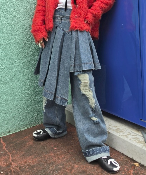Alley Tokyo(アリートーキョー)の「【セットで着られる】激しめダメージゆるパンツ(デニムパンツ・レディース・ピンク/ブルー・FREE)」の3枚目の写真