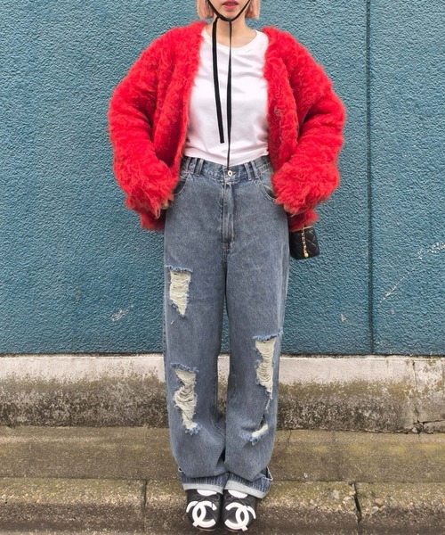 Alley Tokyo(アリートーキョー)の「【セットで着られる】激しめダメージゆるパンツ(デニムパンツ・レディース・ピンク/ブルー・FREE)」の4枚目の写真