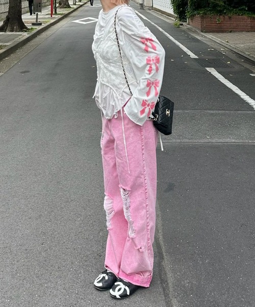 Alley Tokyo(アリートーキョー)の「【セットで着られる】激しめダメージゆるパンツ(デニムパンツ・レディース・ピンク/ブルー・FREE)」の12枚目の写真