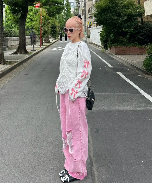Alley Tokyo(アリートーキョー)の「【セットで着られる】激しめダメージゆるパンツ(デニムパンツ・レディース・ピンク/ブルー・FREE)」の17枚目の写真