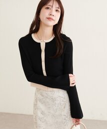 配色フレア袖リブカーディガン