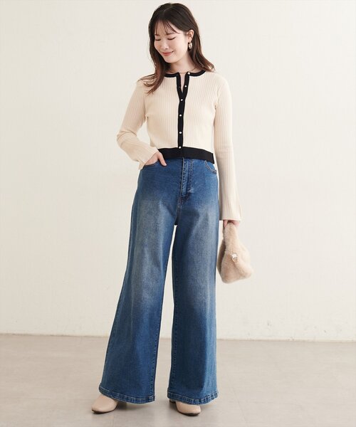 natural couture(ナチュラルクチュール)の「配色フレア袖リブカーディガン(カーディガン/ボレロ・レディース・オフホワイト/サックスブルー/ブラック/ライトベージュ・FREE)」の8枚目の写真