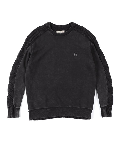 The DUFFER of ST.GEORGE（ザダファーオブセントジョージ）の「PIGMENT-DYE SWITCHING CREW TOPS：ピグメントダイ スウェット/アランニット 切替デザイントップス（スウェット・メンズ・スミクロ/ライトブルー/ネイビー・LARGE/SMALL/X-LARGE/MEDIUM）」の14枚目の写真