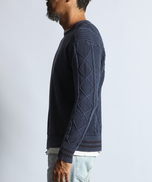 The DUFFER of ST.GEORGE（ザダファーオブセントジョージ）の「PIGMENT-DYE SWITCHING CREW TOPS：ピグメントダイ スウェット/アランニット 切替デザイントップス（スウェット・メンズ・スミクロ/ライトブルー/ネイビー・LARGE/SMALL/X-LARGE/MEDIUM）」の13枚目の写真