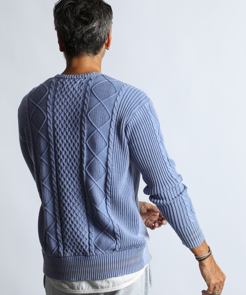 The DUFFER of ST.GEORGE（ザダファーオブセントジョージ）の「PIGMENT-DYE SWITCHING CREW TOPS：ピグメントダイ スウェット/アランニット 切替デザイントップス（スウェット・メンズ・スミクロ/ライトブルー/ネイビー・LARGE/SMALL/X-LARGE/MEDIUM）」の9枚目の写真