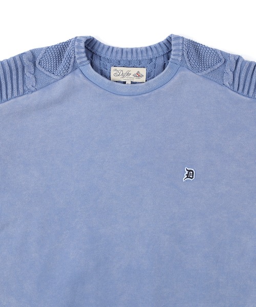 The DUFFER of ST.GEORGE（ザダファーオブセントジョージ）の「PIGMENT-DYE SWITCHING CREW TOPS：ピグメントダイ スウェット/アランニット 切替デザイントップス（スウェット・メンズ・スミクロ/ライトブルー/ネイビー・LARGE/SMALL/X-LARGE/MEDIUM）」の18枚目の写真