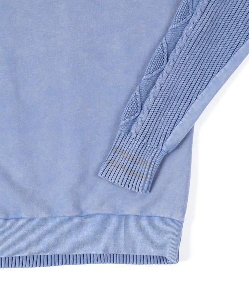 The DUFFER of ST.GEORGE（ザダファーオブセントジョージ）の「PIGMENT-DYE SWITCHING CREW TOPS：ピグメントダイ スウェット/アランニット 切替デザイントップス（スウェット・メンズ・スミクロ/ライトブルー/ネイビー・LARGE/SMALL/X-LARGE/MEDIUM）」の4枚目の写真
