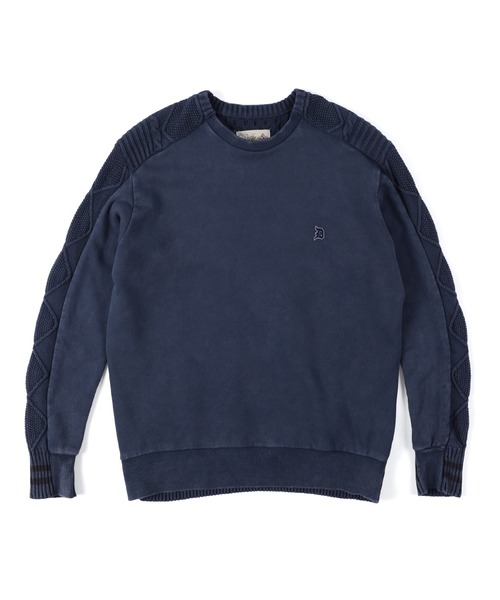 The DUFFER of ST.GEORGE（ザダファーオブセントジョージ）の「PIGMENT-DYE SWITCHING CREW TOPS：ピグメントダイ スウェット/アランニット 切替デザイントップス（スウェット・メンズ・スミクロ/ライトブルー/ネイビー・LARGE/SMALL/X-LARGE/MEDIUM）」の16枚目の写真
