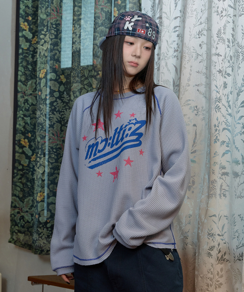 ワッフルラグランロングスリーブTシャツ スカイブルー（Tシャツ
