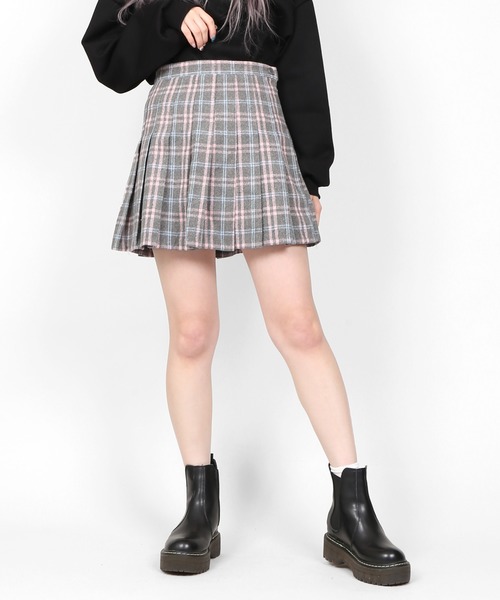 DING(ディング)の「DING/チェック柄プリーツミニスカート(スカート・レディース・グレー/ブラック・FREE)」の2枚目の写真