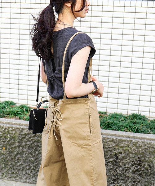 Fashion Letter（ファッションレター）の「バックレースアップ ツイル オールインワン（サロペット/オーバーオール・レディース・カーキ/ベージュ/ブラック・L/3L/LL/M/4L）」の5枚目の写真