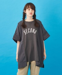 CUBE SUGAR（キューブシュガー）の「WEB限定 OE天竺 × フライス ５分袖 ストライプ ドッキング ルーズTシャツ（Tシャツ/カットソー）」
