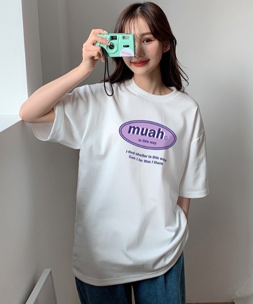 muahmuah(ムーアムーア)の「『muah muah/ムーアムーア』COMBINE MUAH PRINTING T-SHIRT/コンバインロゴプリント 半袖Tシャツ(Tシャツ/カットソー・レディース・ブラック/ライトパープル/ホワイト・FREE)」の6枚目の写真