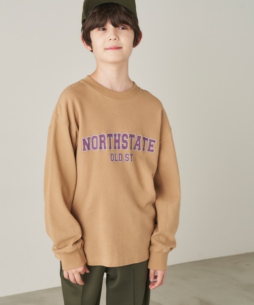 ＆yam（アンドヤム）の「デコボコ織カレッジロンT【親子お揃い/リンクコーデ】（Tシャツ/カットソー・キッズ・ベージュ/ブラック/ホワイト/ブルー・140-150cm/150-160cm/120-130cm/110-120cm/130-140cm）」の3枚目の写真