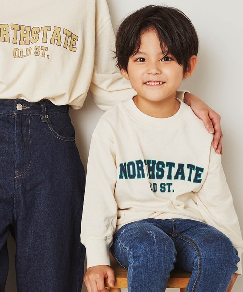 ＆yam（アンドヤム）の「デコボコ織カレッジロンT【親子お揃い/リンクコーデ】（Tシャツ/カットソー・キッズ・ベージュ/ブラック/ホワイト/ブルー・140-150cm/150-160cm/120-130cm/110-120cm/130-140cm）」の2枚目の写真