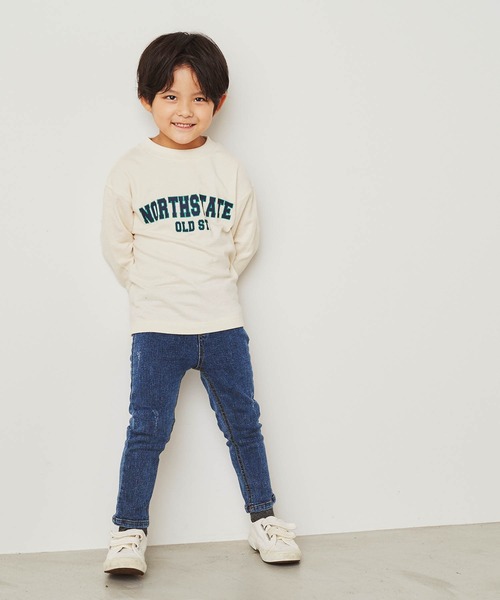 ＆yam（アンドヤム）の「デコボコ織カレッジロンT【親子お揃い/リンクコーデ】（Tシャツ/カットソー・キッズ・ベージュ/ブラック/ホワイト/ブルー・140-150cm/150-160cm/120-130cm/110-120cm/130-140cm）」の7枚目の写真