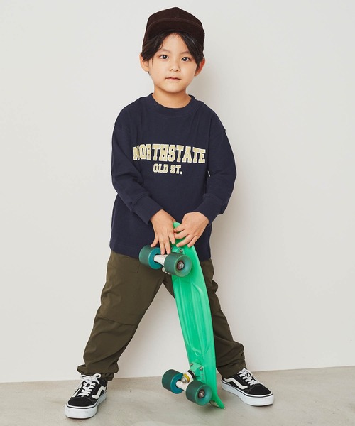 ＆yam（アンドヤム）の「デコボコ織カレッジロンT【親子お揃い/リンクコーデ】（Tシャツ/カットソー・キッズ・ベージュ/ブラック/ホワイト/ブルー・140-150cm/150-160cm/120-130cm/110-120cm/130-140cm）」の9枚目の写真