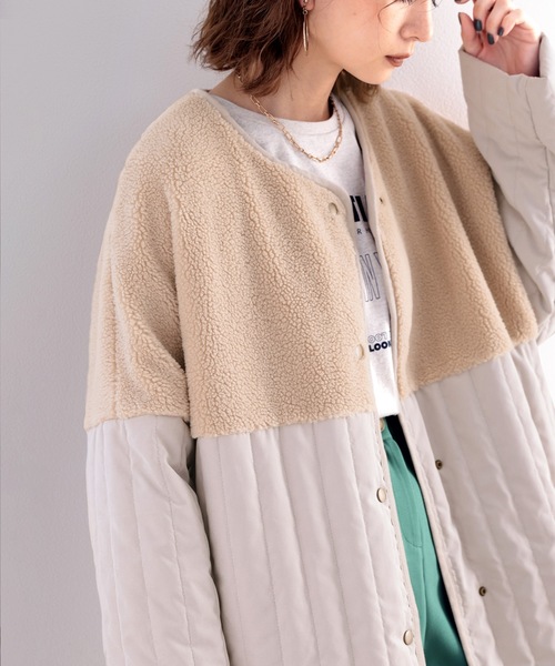 classicalelf（クラシカルエルフ）の「Iラインですっきり見せ。ボア切り替えフェザーキルティングコート（ノーカラーコート・レディース・ベージュ/グレイッシュベージュ/モカ/アイボリー・MEDIUM/LARGE/X-LARGE）」の6枚目の写真