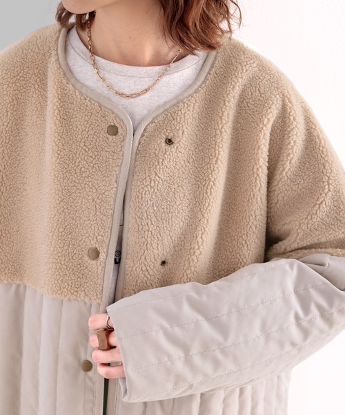 classicalelf（クラシカルエルフ）の「Iラインですっきり見せ。ボア切り替えフェザーキルティングコート（ノーカラーコート・レディース・ベージュ/グレイッシュベージュ/モカ/アイボリー・MEDIUM/LARGE/X-LARGE）」の17枚目の写真